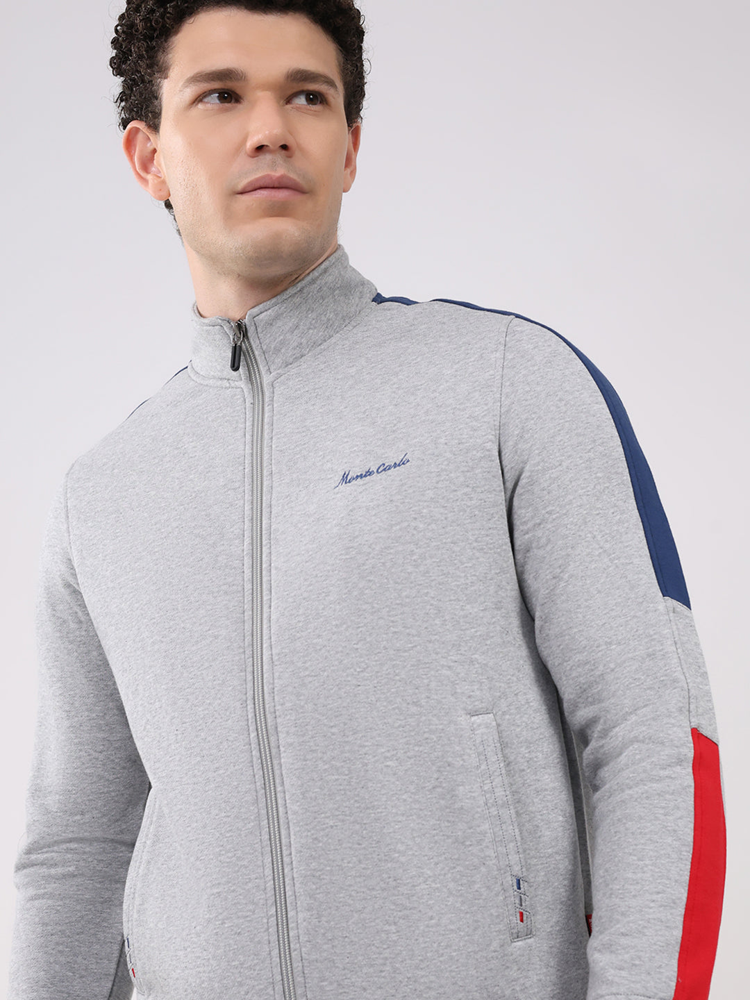 Men Grey Embroidered Collar Full Sleeve Winter Tracksuit