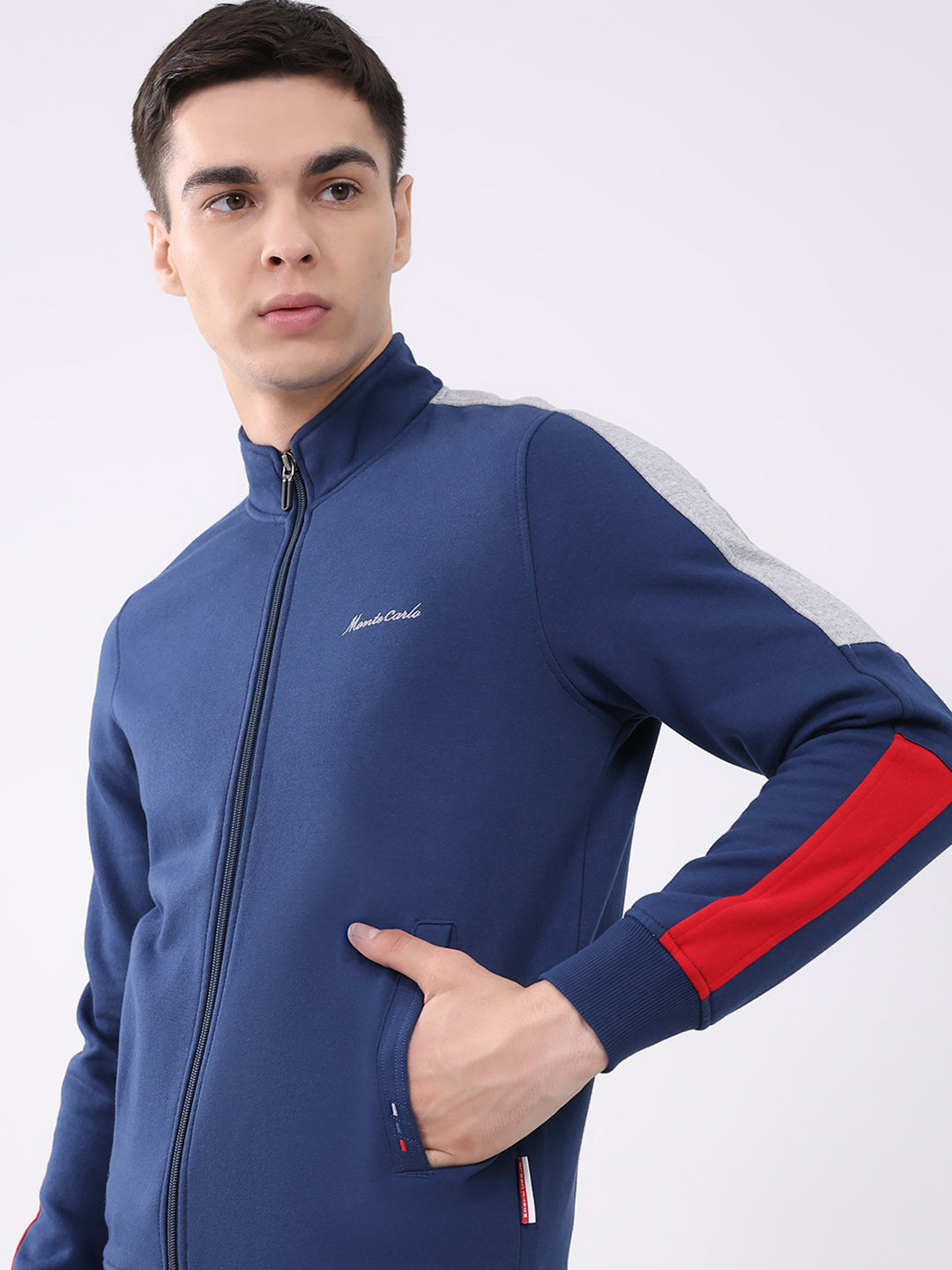 Men Blue Embroidered Collar Full Sleeve Winter Tracksuit