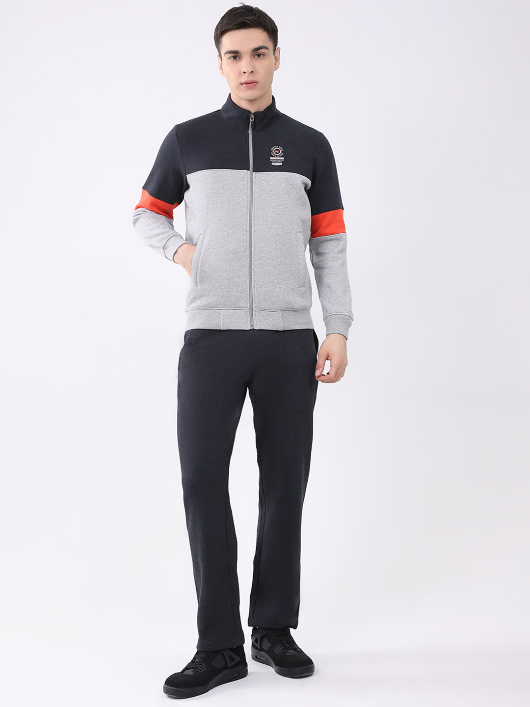 Men Charcoal Printed Collar Full Sleeve Winter Tracksuit