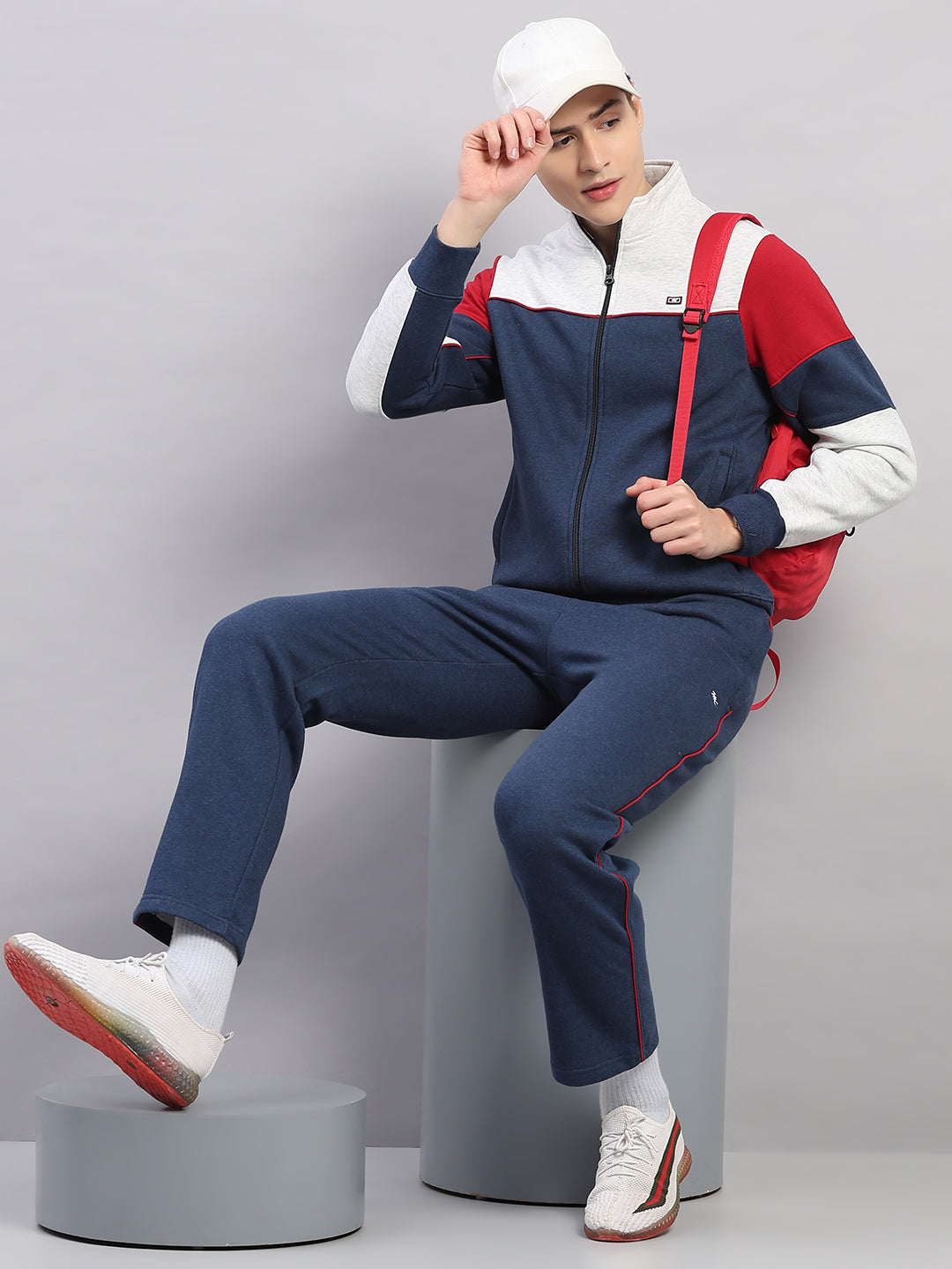Men Blue Colourblocked Stand Collar Full Sleeve Winter Tracksuit