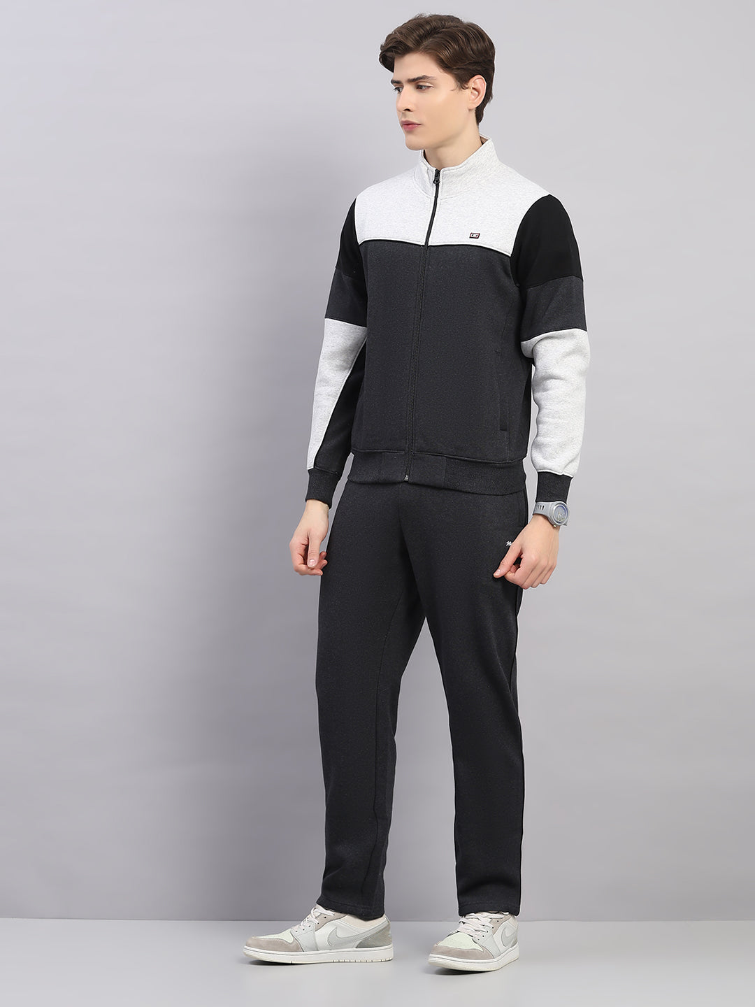 Men Grey Colourblocked Stand Collar Full Sleeve Winter Tracksuit