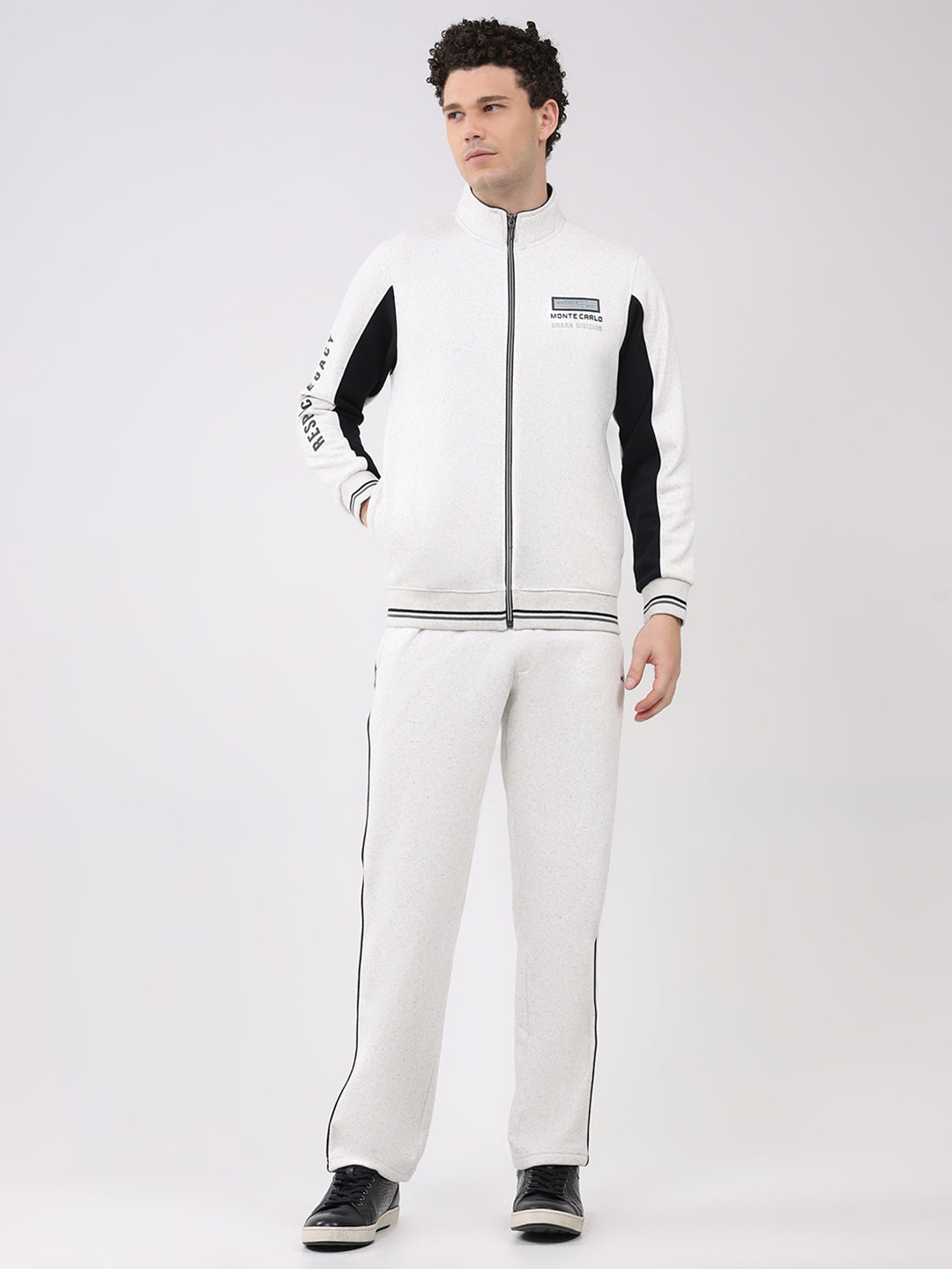 Men White Printed Collar Full Sleeve Winter Tracksuit