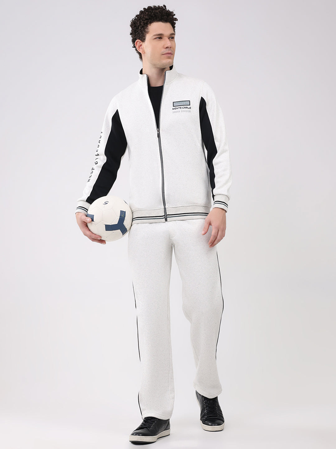 Men White Printed Collar Full Sleeve Winter Tracksuit