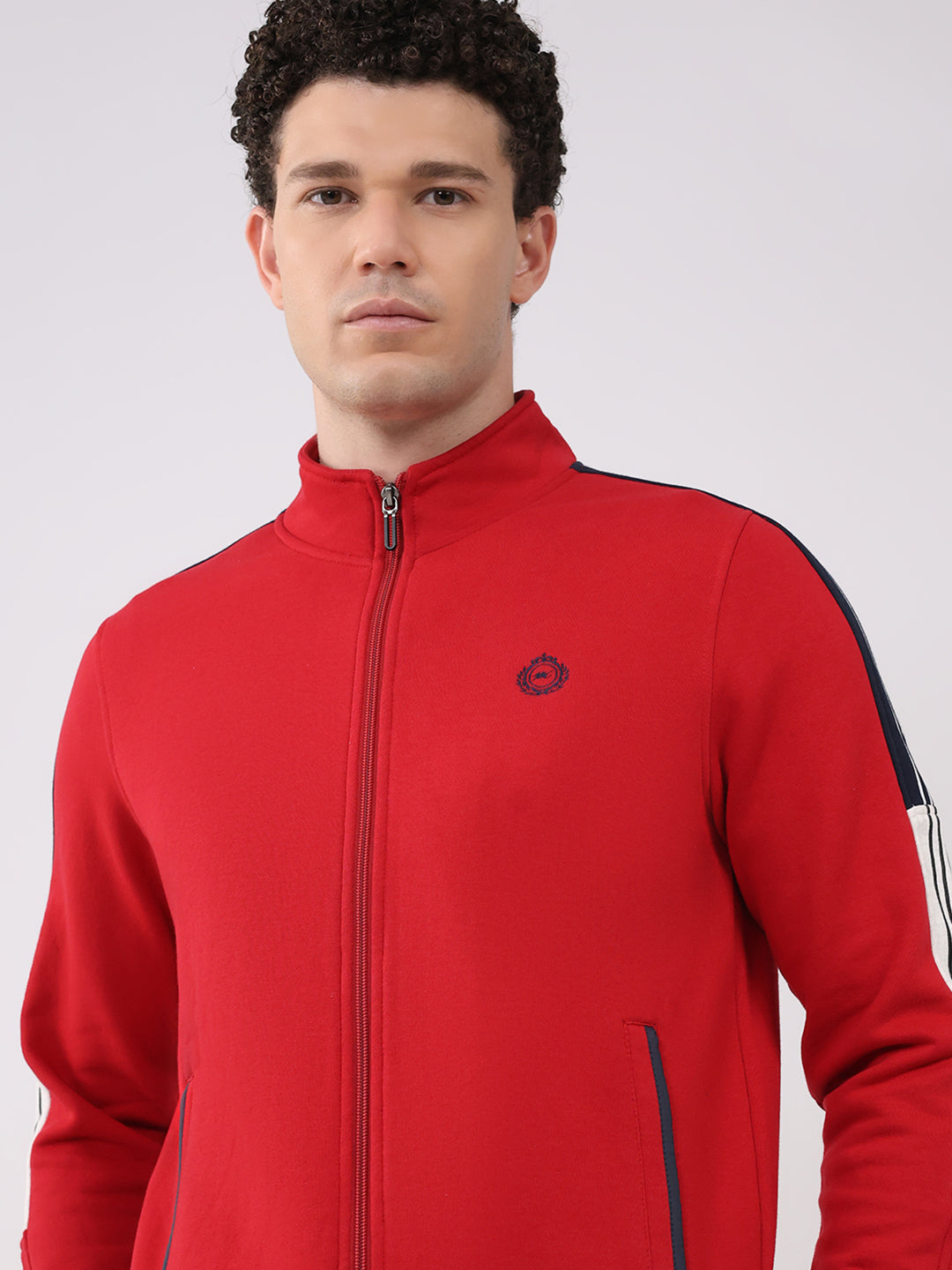 Men Red Printed Collar Full Sleeve Winter Tracksuit