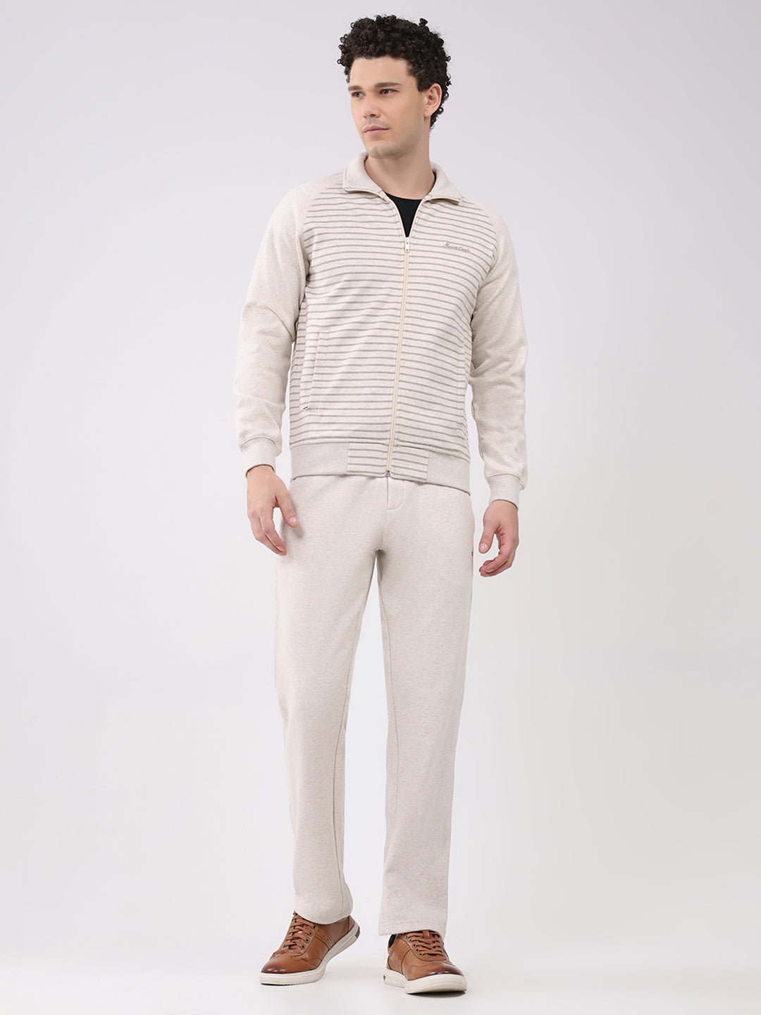 Men Cream Printed Round Neck Full Sleeve Winter Tracksuit