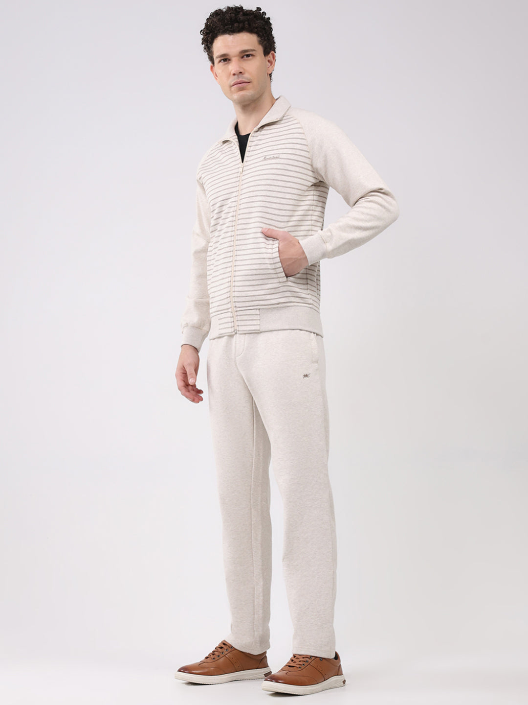 Men Cream Printed Round Neck Full Sleeve Winter Tracksuit