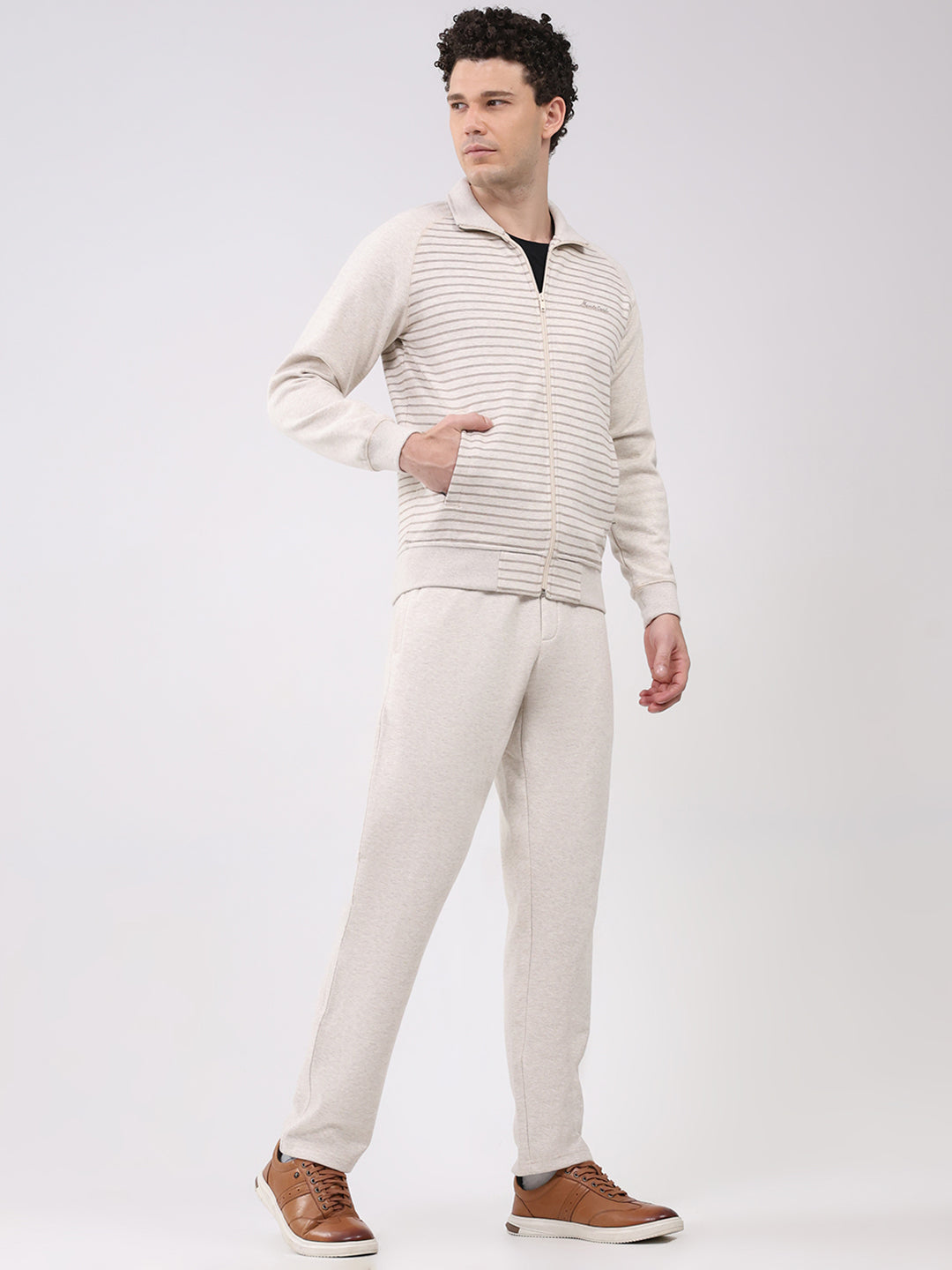 Men Cream Printed Round Neck Full Sleeve Winter Tracksuit