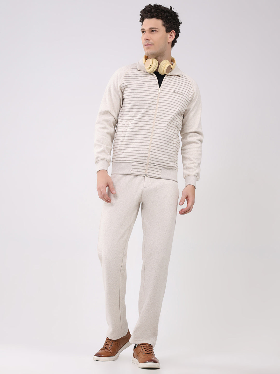 Men Cream Printed Round Neck Full Sleeve Winter Tracksuit