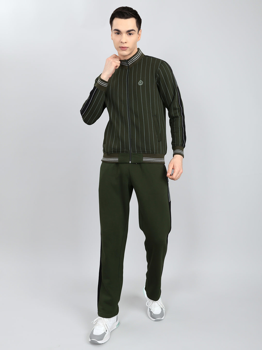 Men Olive Stripe Round Neck Full Sleeve Winter Tracksuit