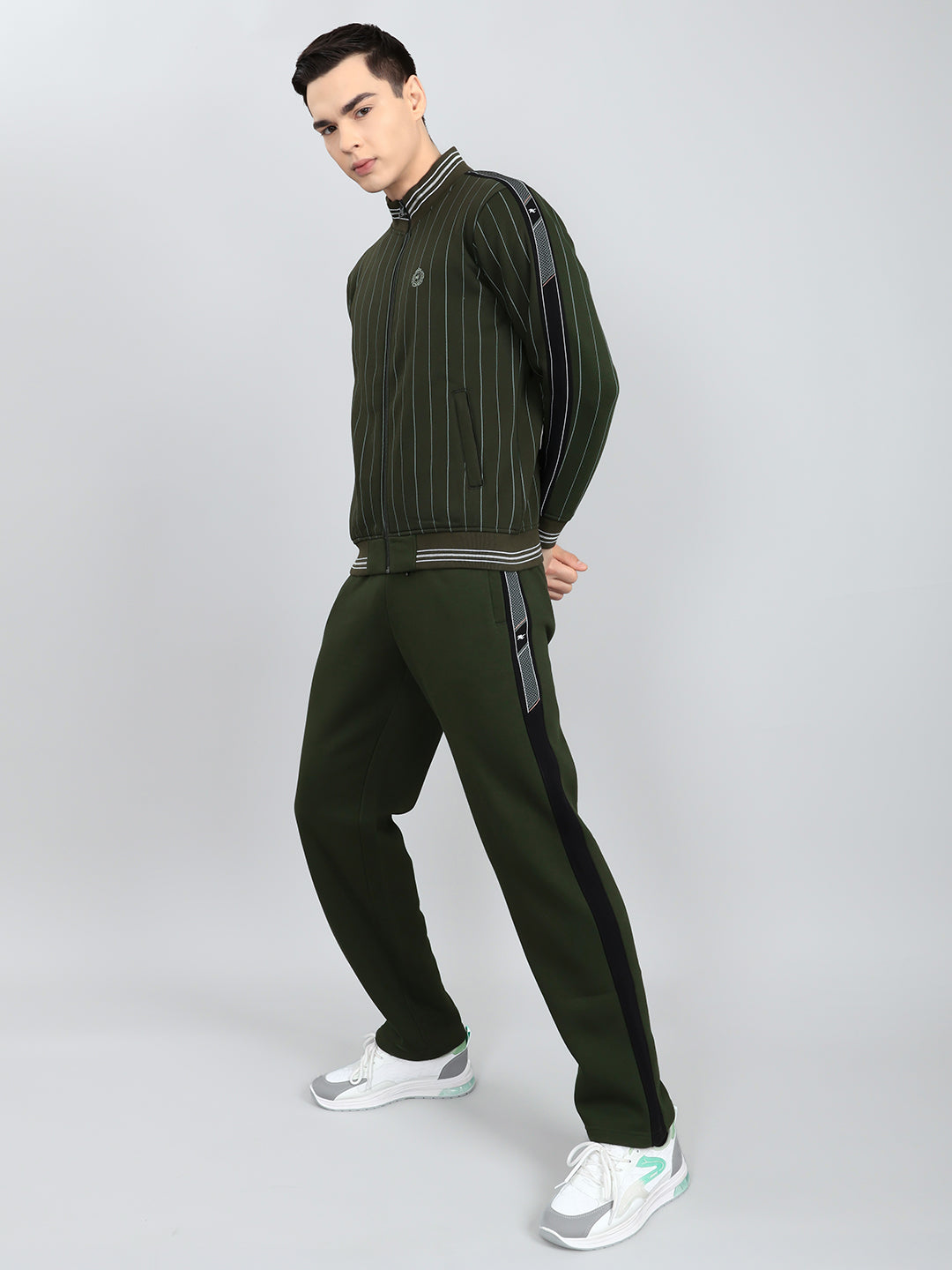 Men Olive Stripe Round Neck Full Sleeve Winter Tracksuit