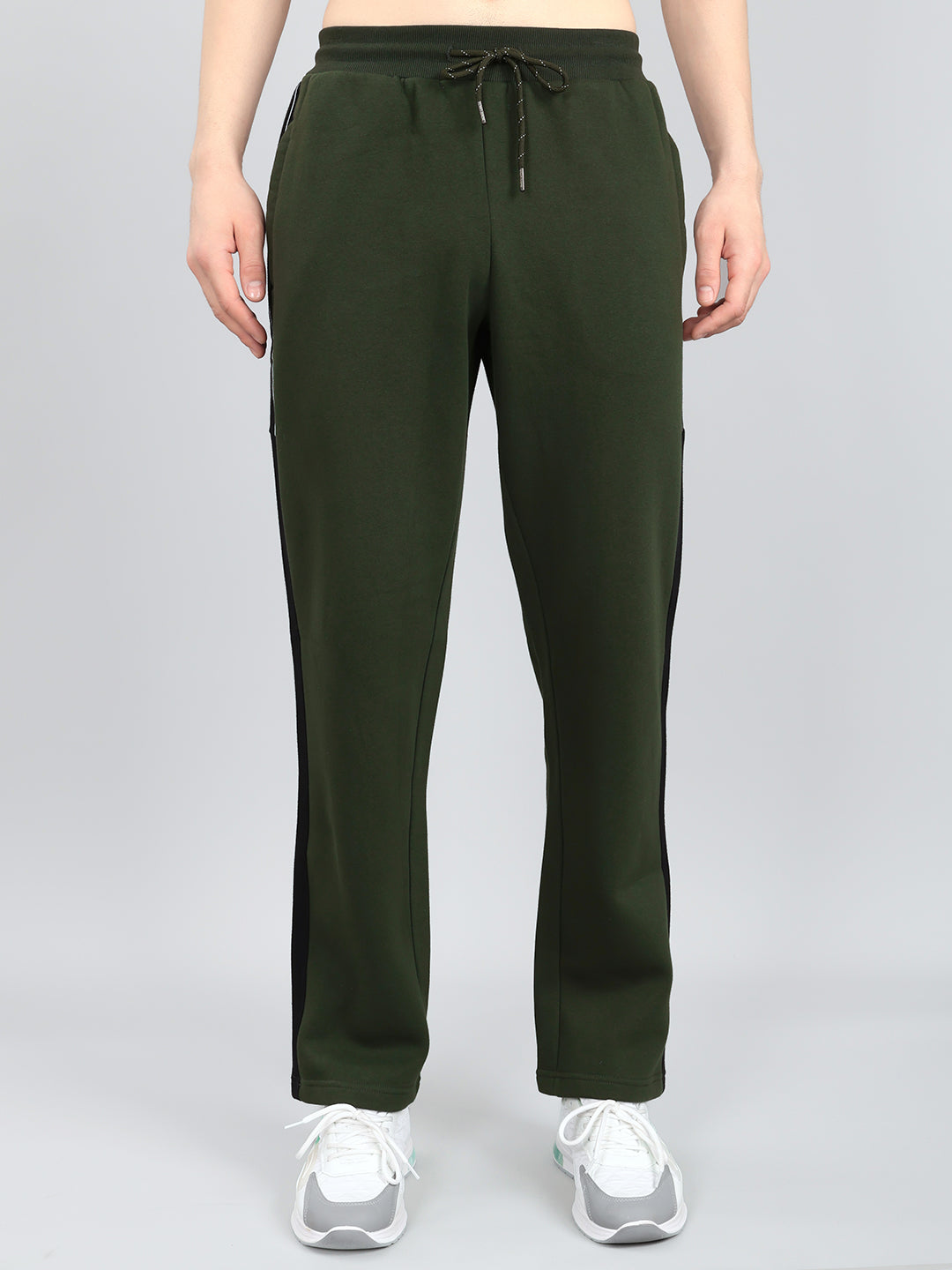 Men Olive Stripe Round Neck Full Sleeve Winter Tracksuit