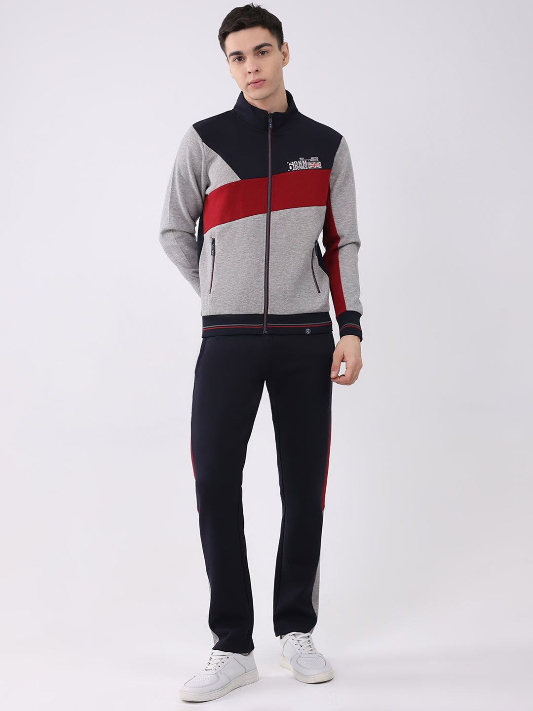 Men Navy Blue Printed Round Neck Full Sleeve Winter Tracksuit