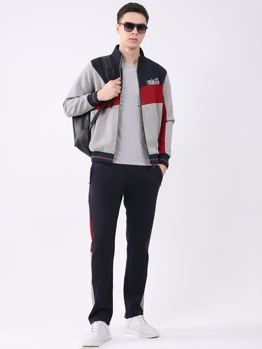 Men Navy Blue Printed Round Neck Full Sleeve Winter Tracksuit