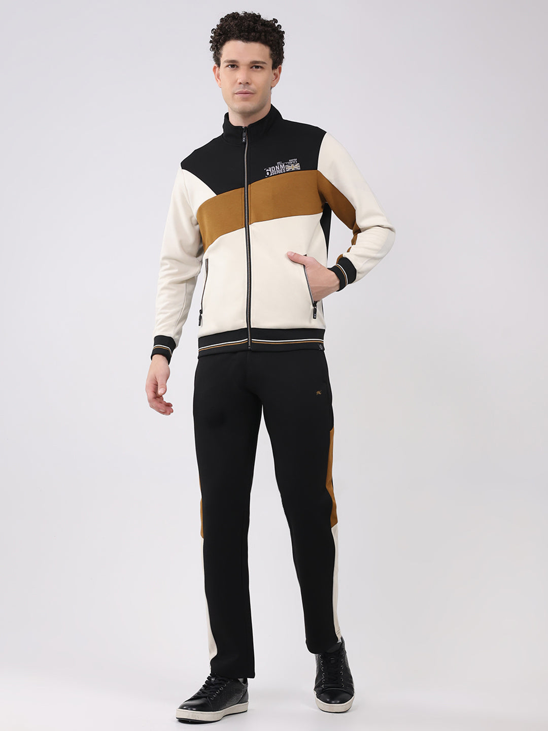 Men Black Printed Round Neck Full Sleeve Winter Tracksuit