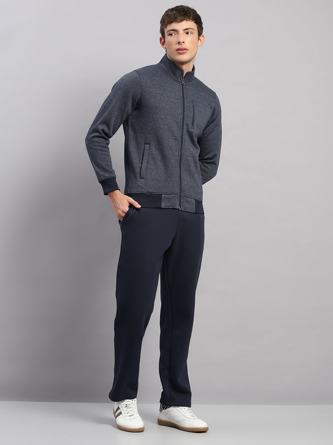 Men Navy Blue Embroidered Round Neck Full Sleeve Winter Tracksuit