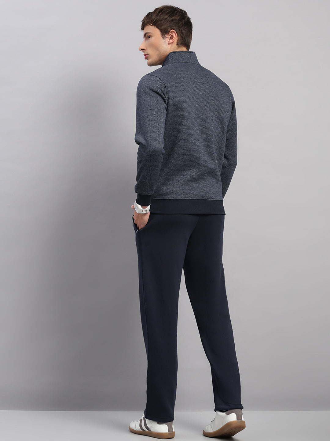 Men Navy Blue Embroidered Round Neck Full Sleeve Winter Tracksuit