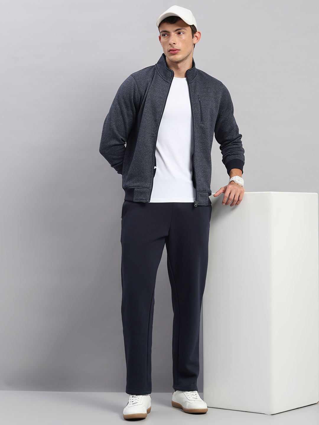 Men Navy Blue Embroidered Round Neck Full Sleeve Winter Tracksuit