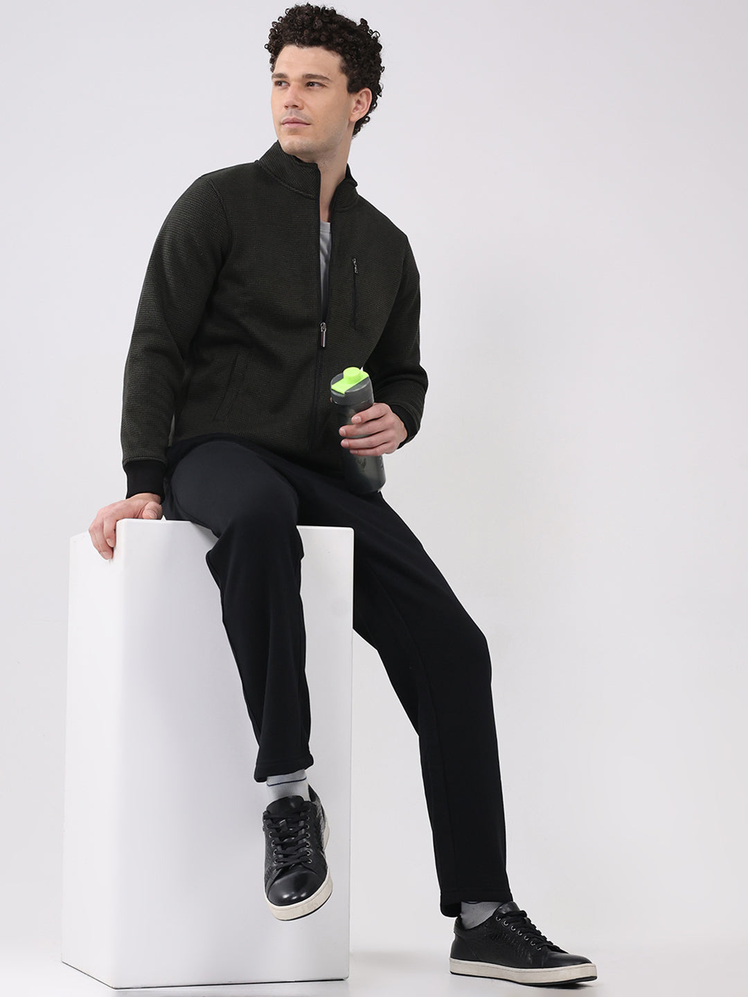 Men Black Embroidered Round Neck Full Sleeve Winter Tracksuit