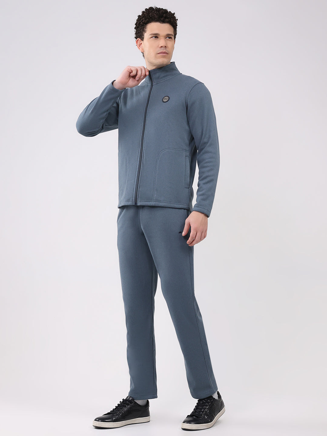 Men Blue Solid Round Neck Full Sleeve Winter Tracksuit
