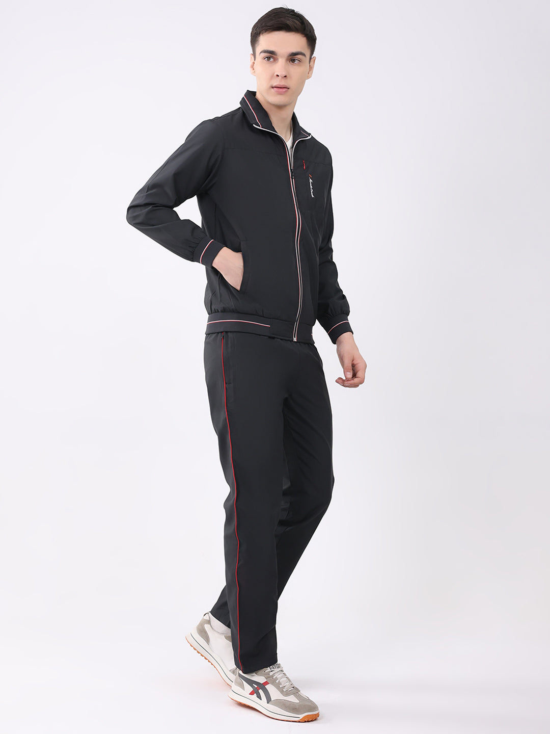 Men Black Printed Round Neck Full Sleeve Winter Tracksuit