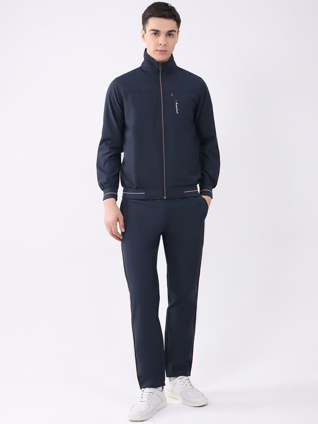 Men Navy Blue Printed Round Neck Full Sleeve Winter Tracksuit