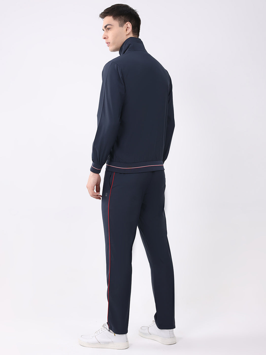 Men Navy Blue Printed Round Neck Full Sleeve Winter Tracksuit