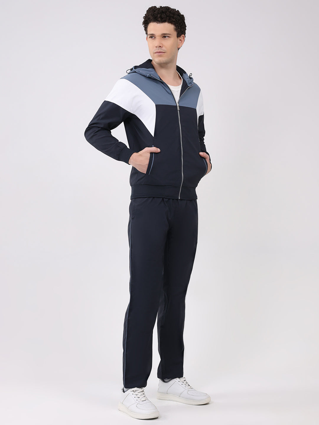 Men Blue Embroidered Round Neck Full Sleeve Winter Tracksuit