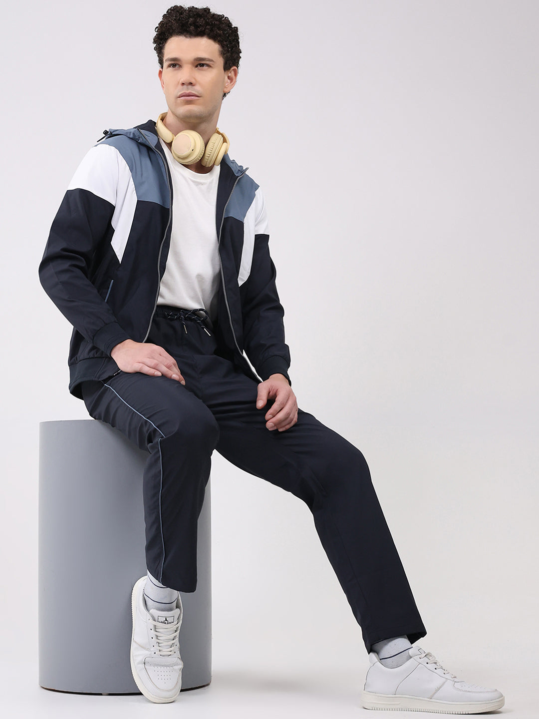 Men Blue Embroidered Round Neck Full Sleeve Winter Tracksuit