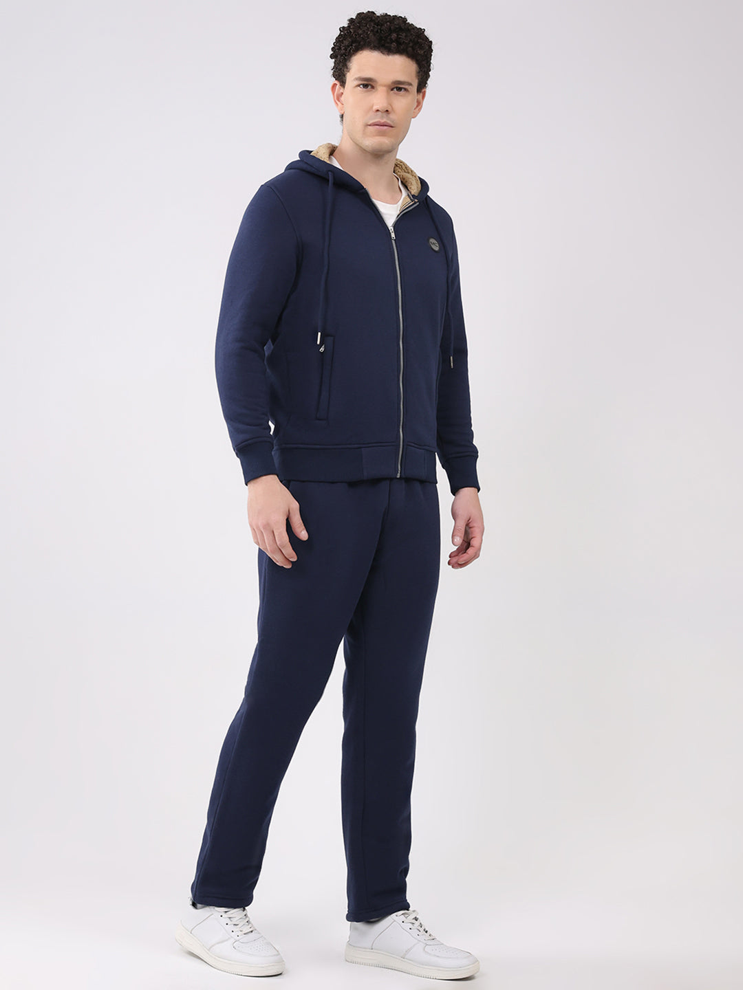 Men Blue Solid Round Neck Full Sleeve Winter Tracksuit