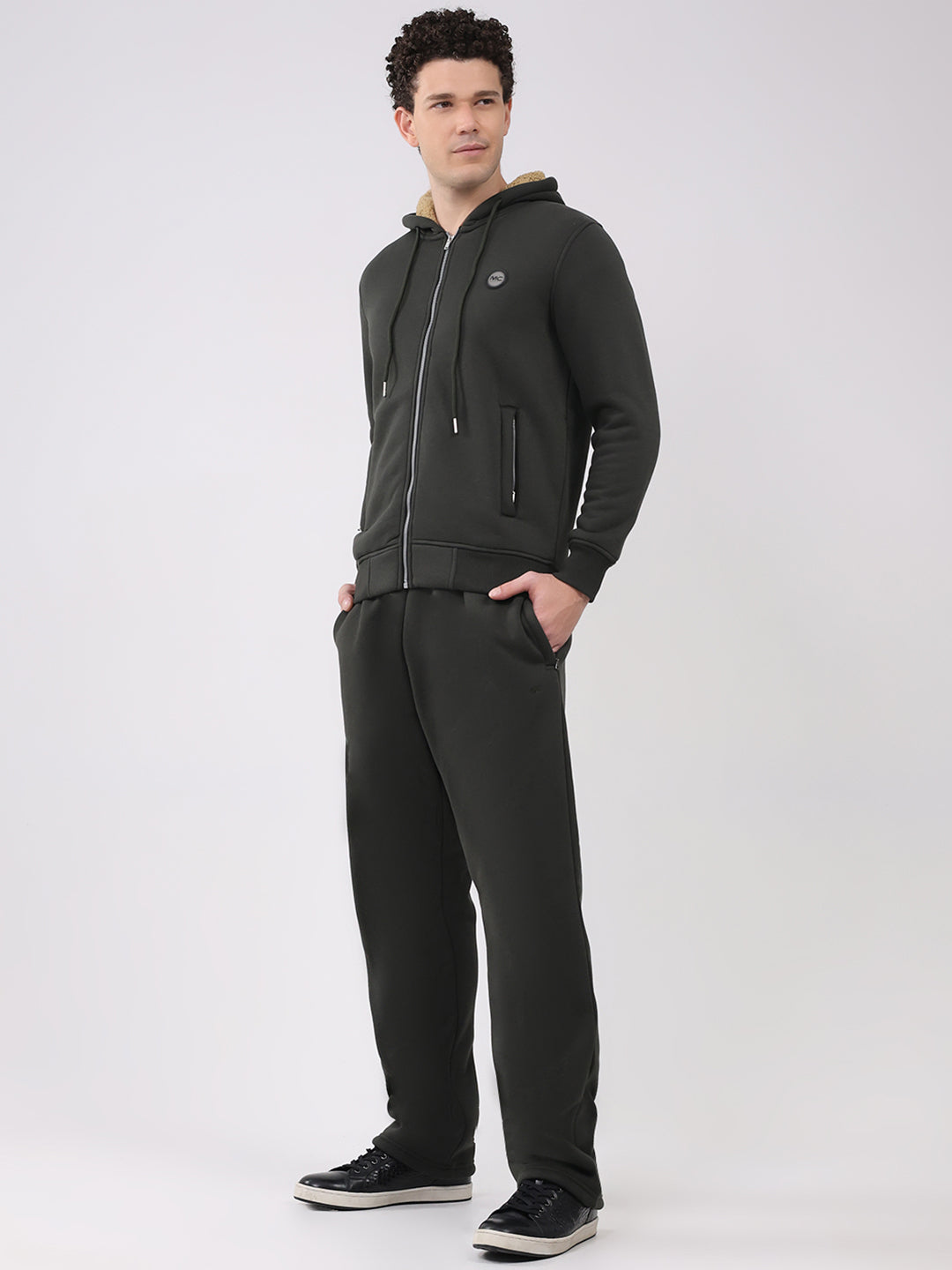 Men Olive Solid Round Neck Full Sleeve Winter Tracksuit