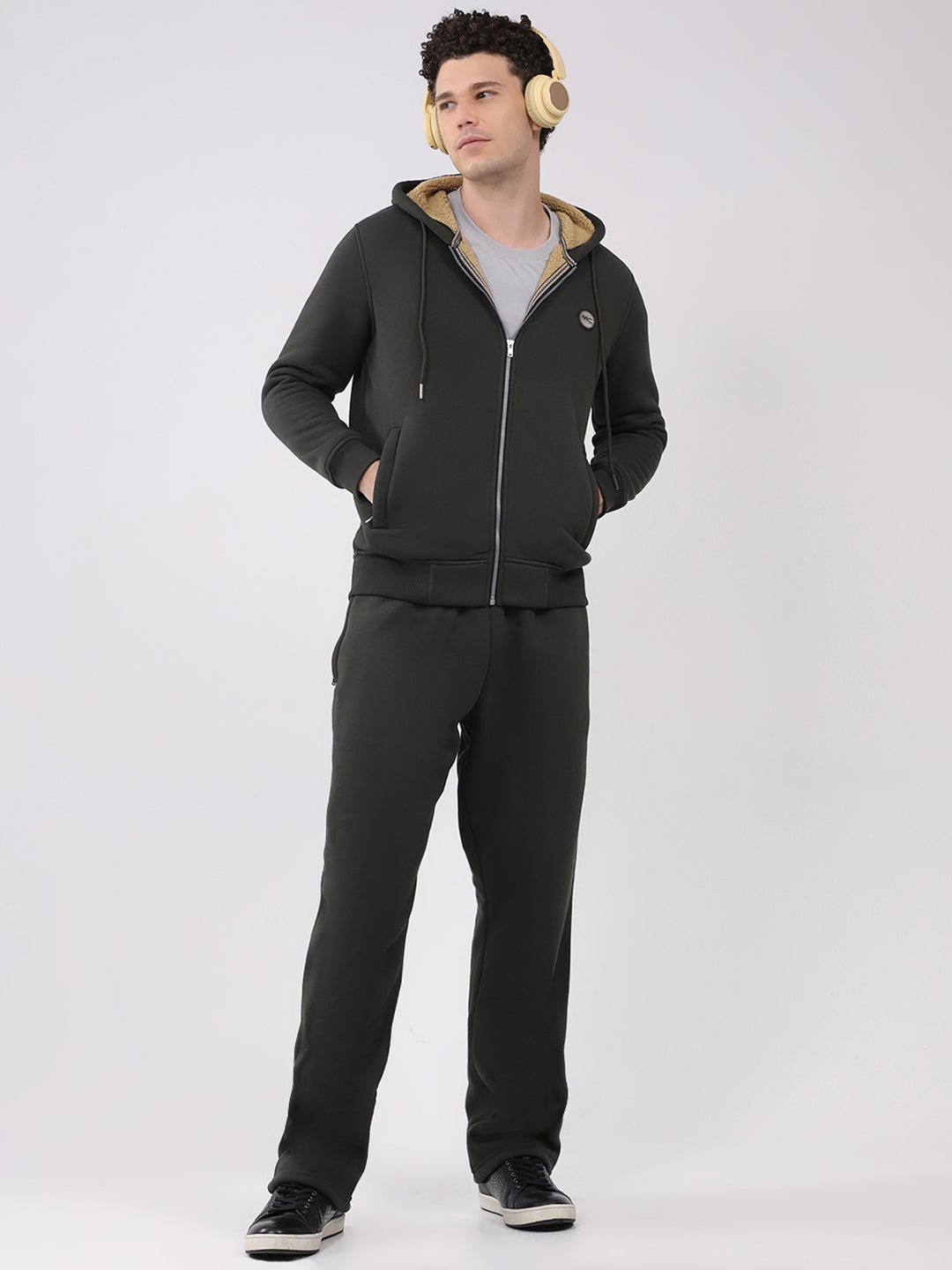 Men Olive Solid Round Neck Full Sleeve Winter Tracksuit