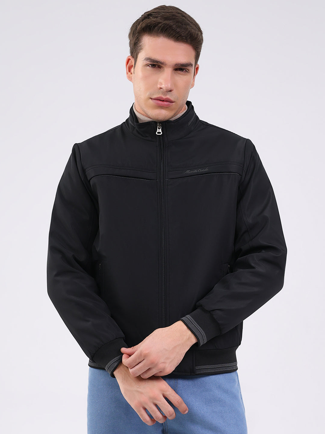 Men Black Solid Mock Neck Full Sleeve Jacket