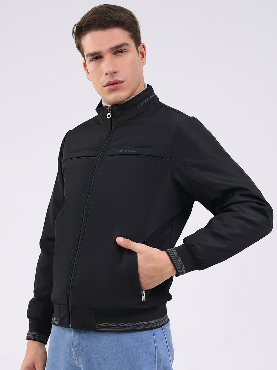 Men Black Solid Mock Neck Full Sleeve Jacket