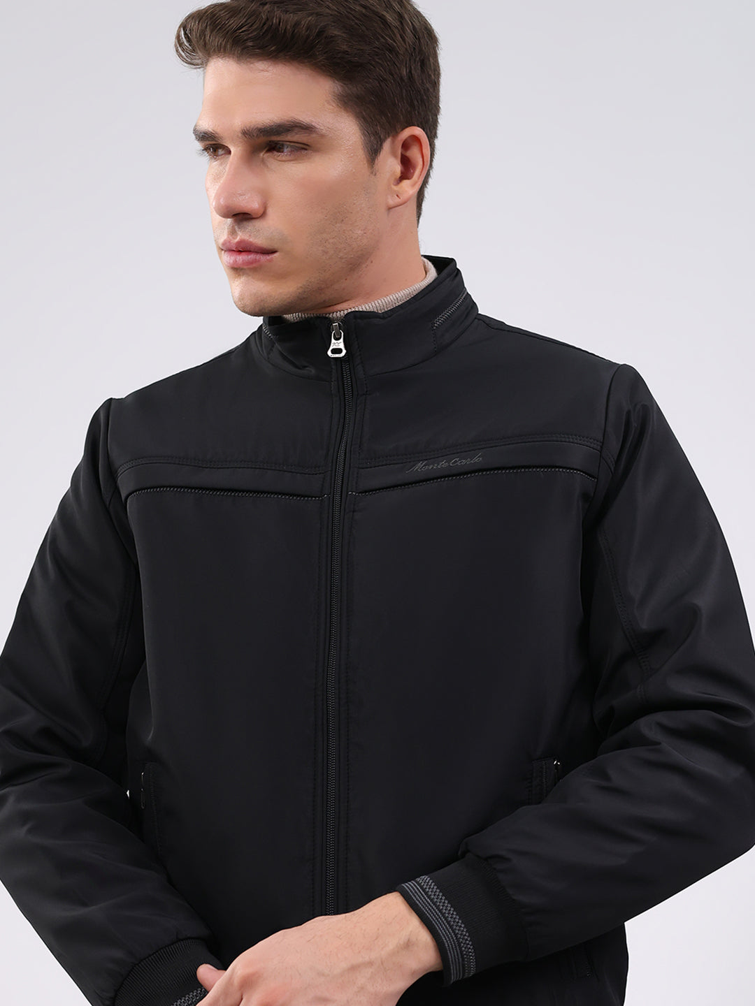 Men Black Solid Mock Neck Full Sleeve Jacket