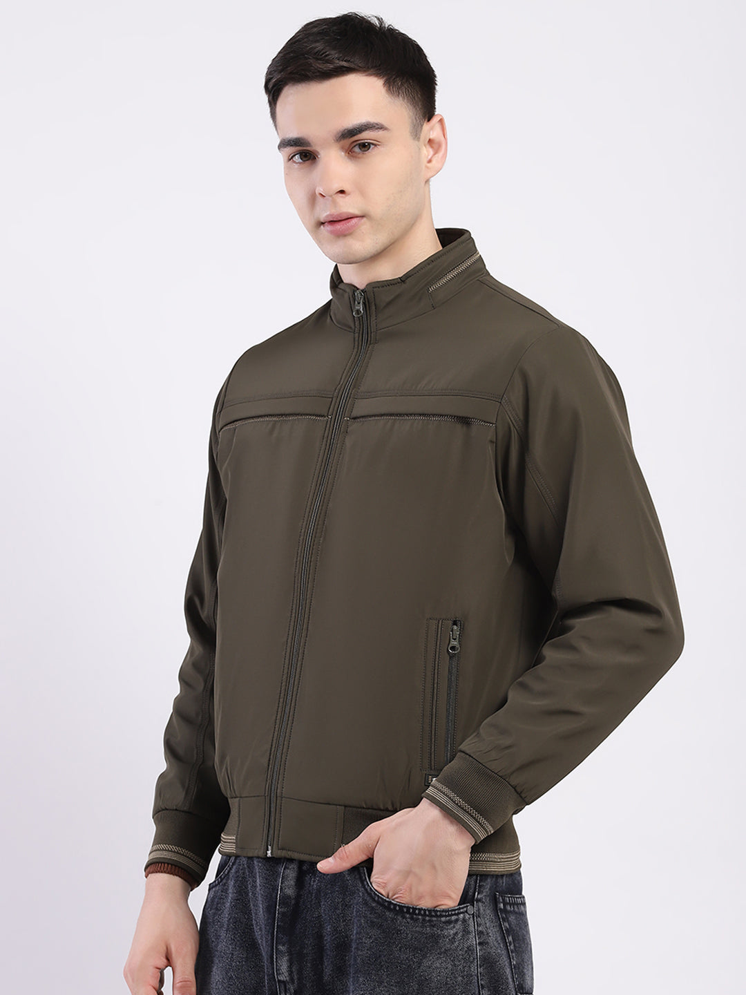 Men Olive Solid Mock Neck Full Sleeve Jacket