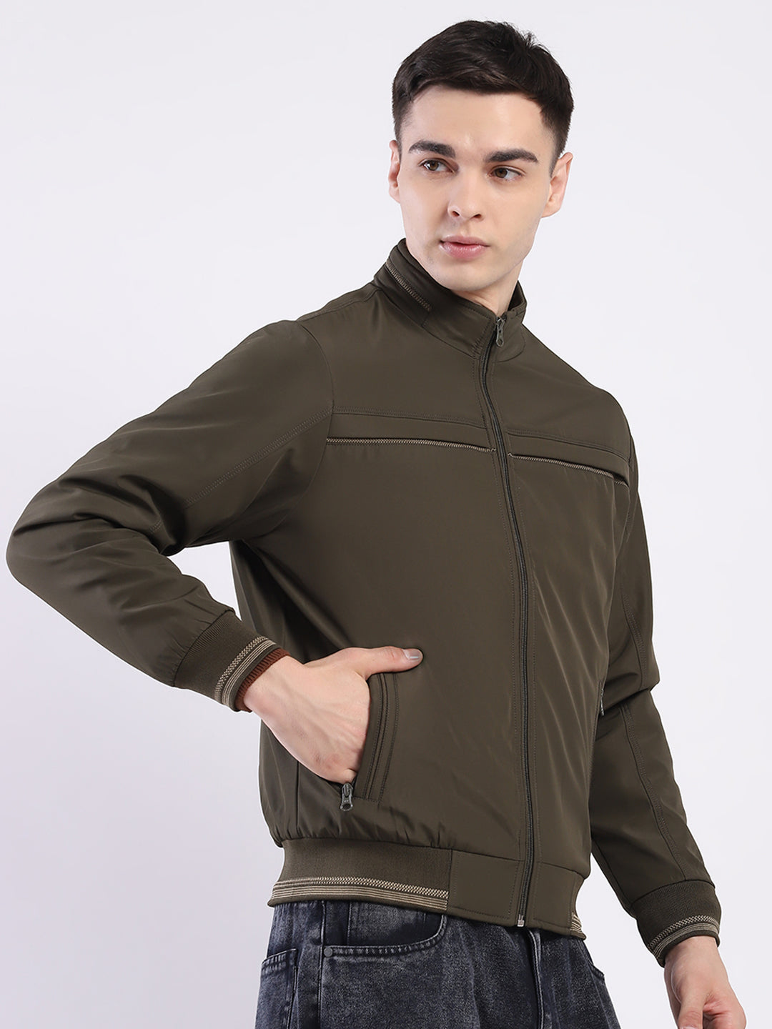 Men Olive Solid Mock Neck Full Sleeve Jacket