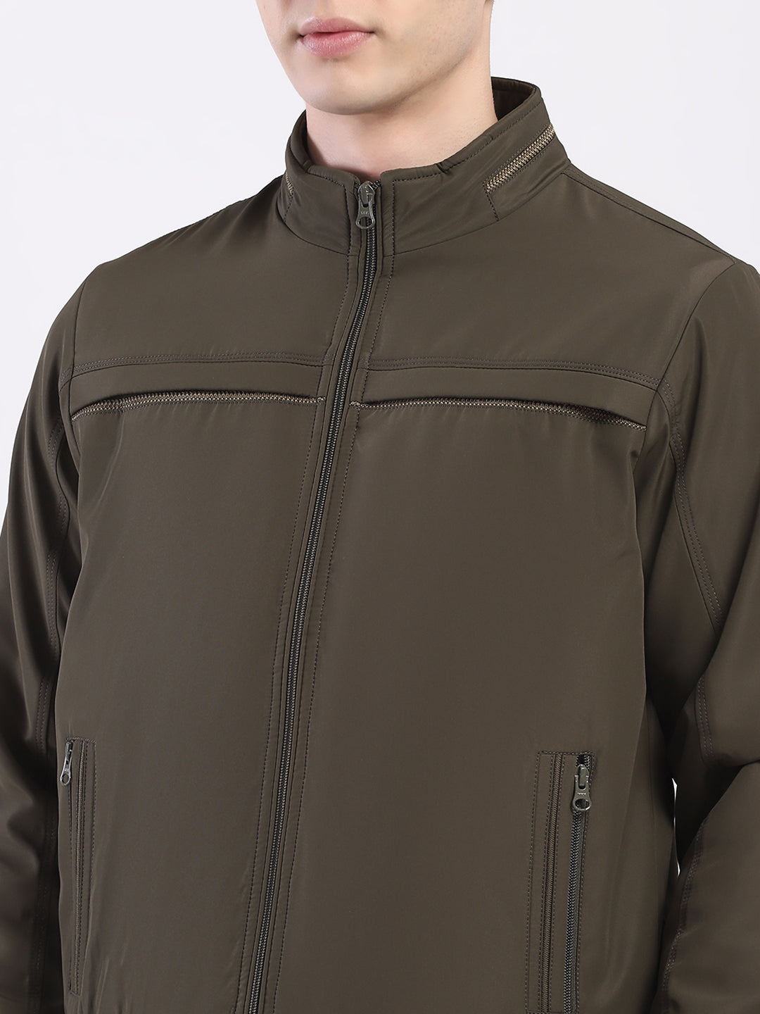 Men Olive Solid Mock Neck Full Sleeve Jacket