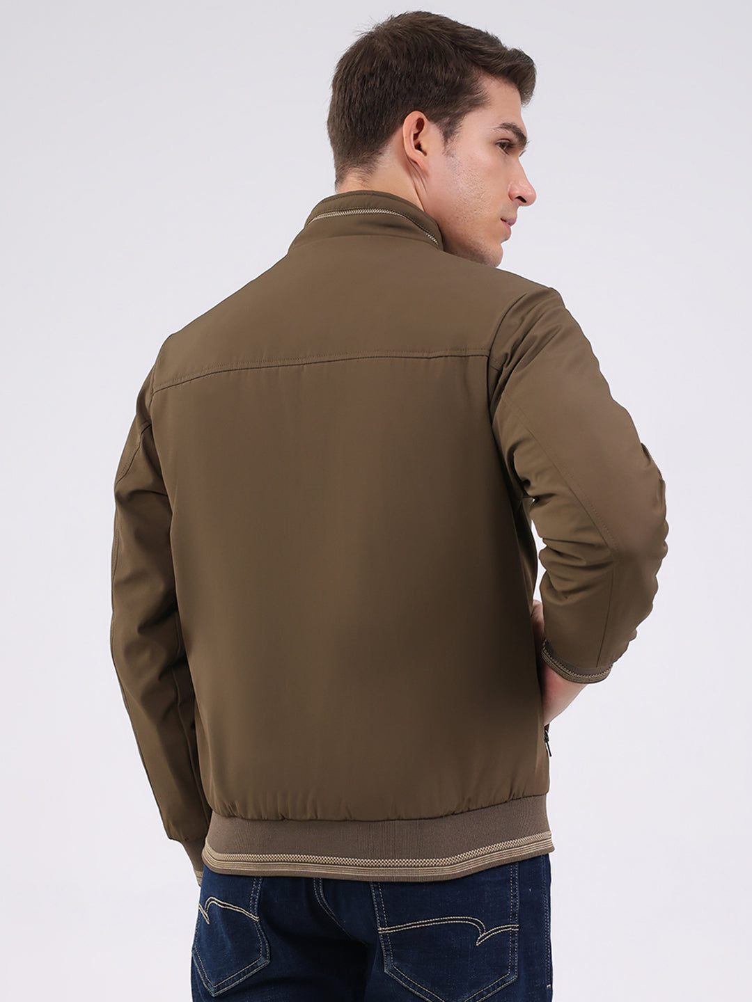 Men Brown Solid Mock Neck Full Sleeve Jacket