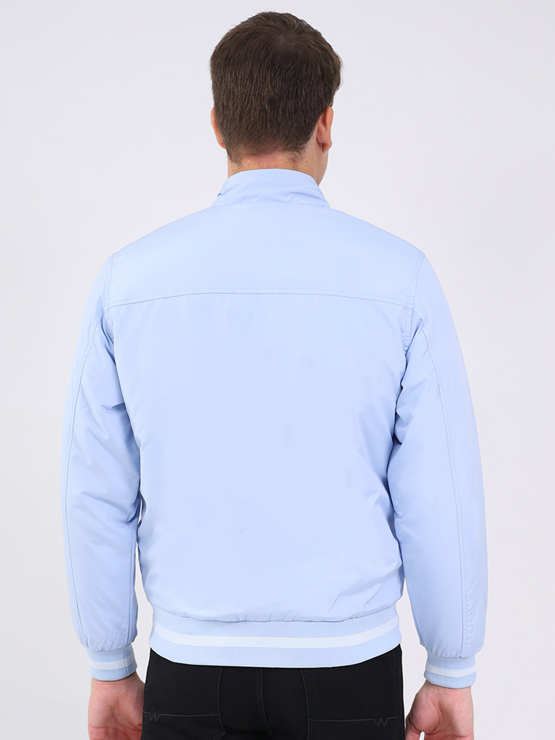 Men Sky Blue Solid Mock Neck Full Sleeve Jacket
