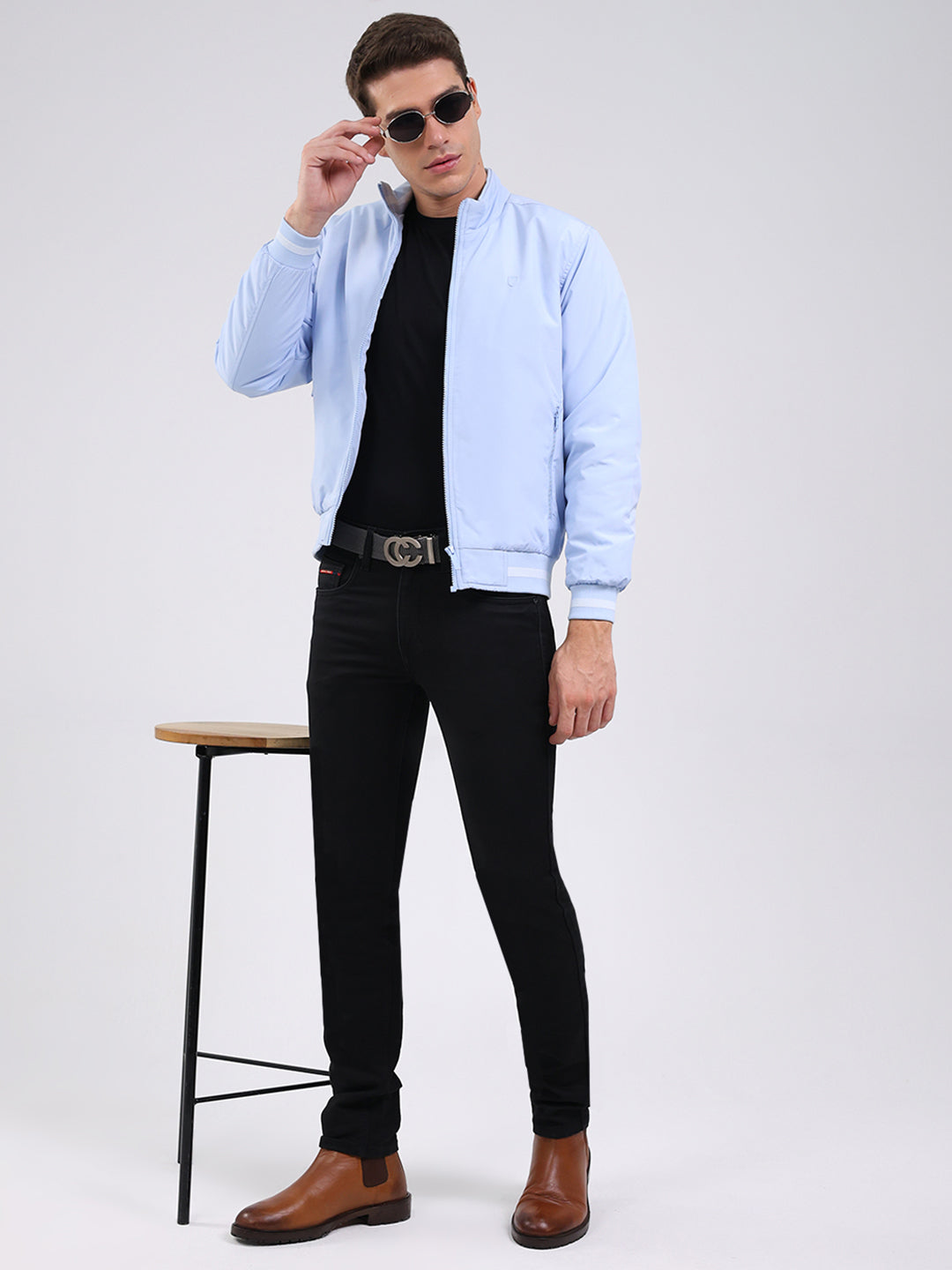 Men Sky Blue Solid Mock Neck Full Sleeve Jacket