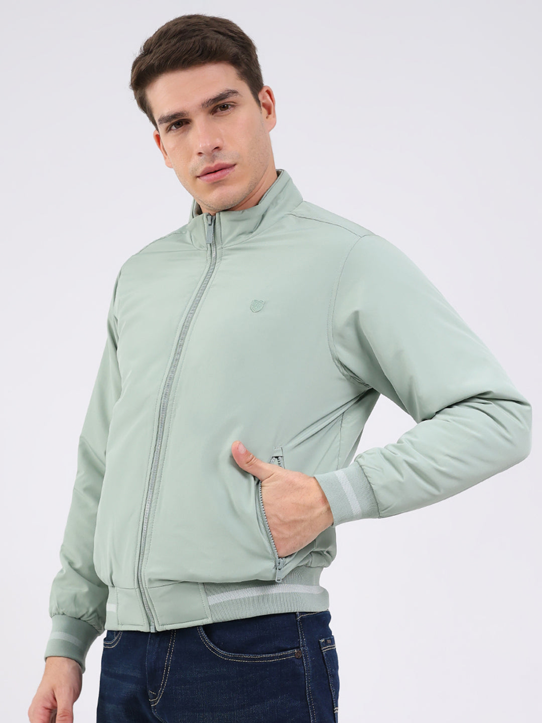 Men Mint Green Solid Mock Neck Full Sleeve Jacket
