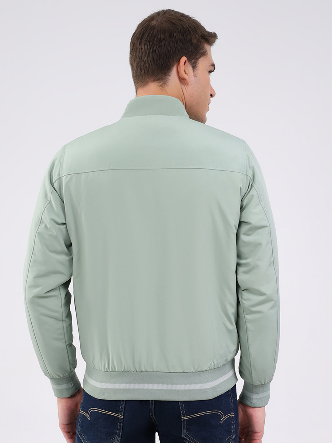 Men Mint Green Solid Mock Neck Full Sleeve Jacket