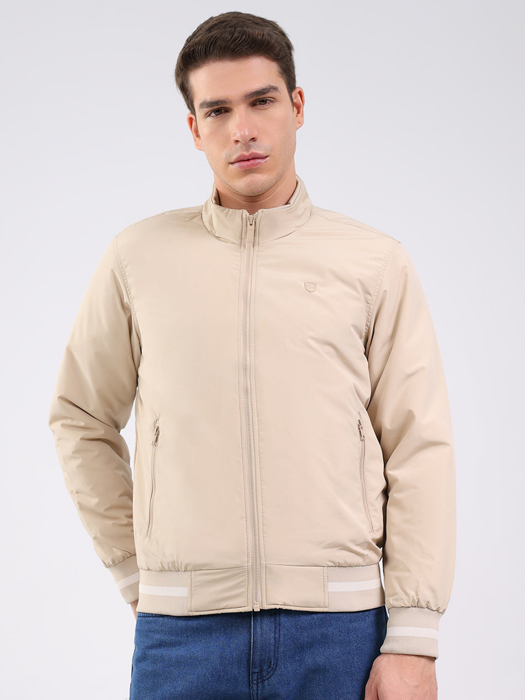 Men Beige Solid Mock Neck Full Sleeve Jacket