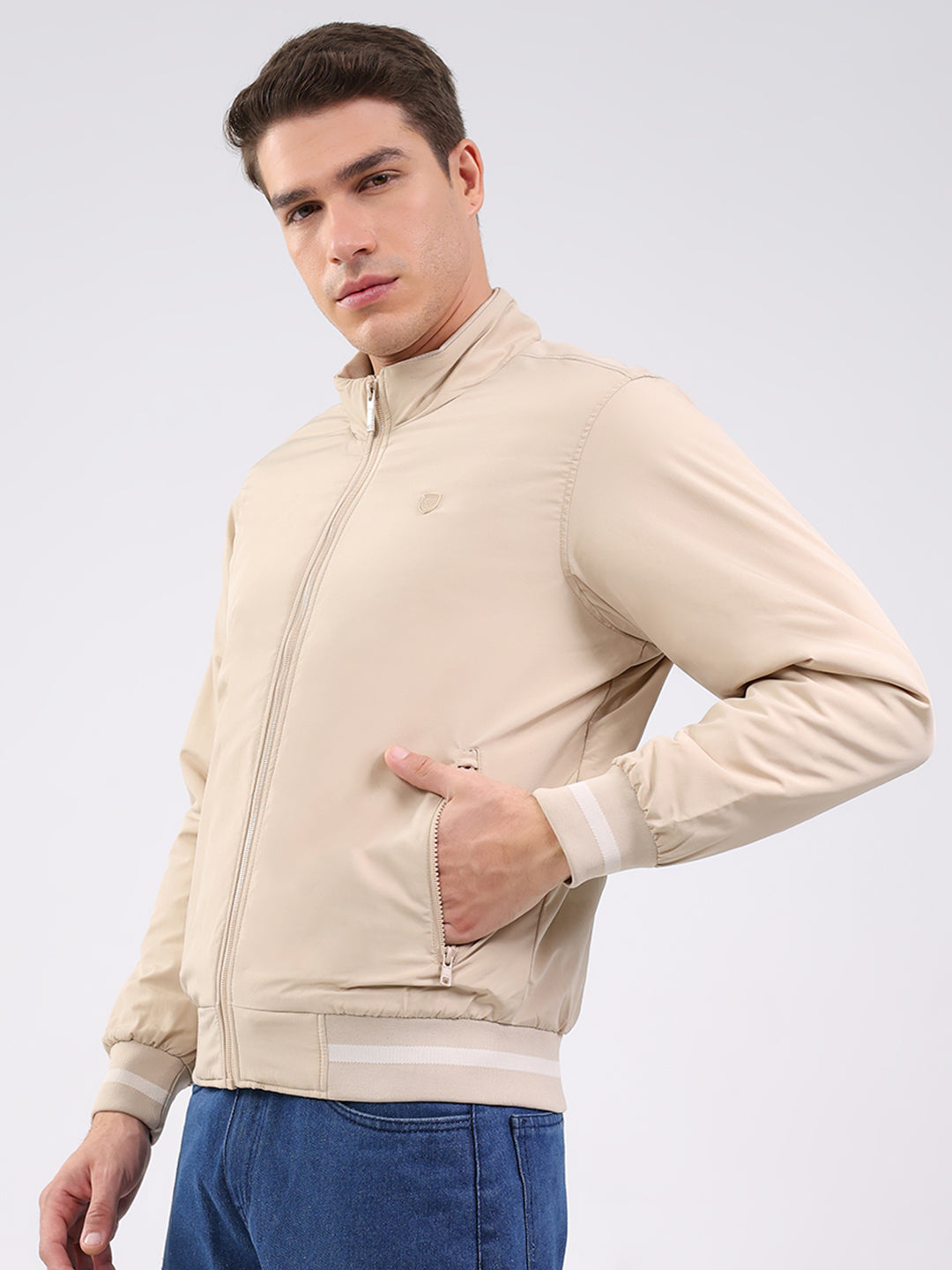 Men Beige Solid Mock Neck Full Sleeve Jacket