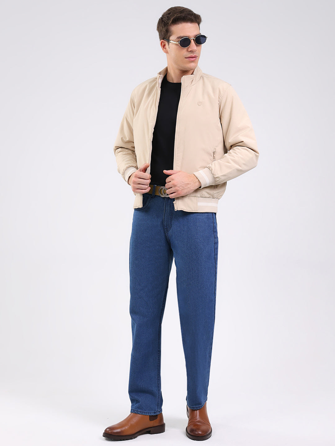 Men Beige Solid Mock Neck Full Sleeve Jacket