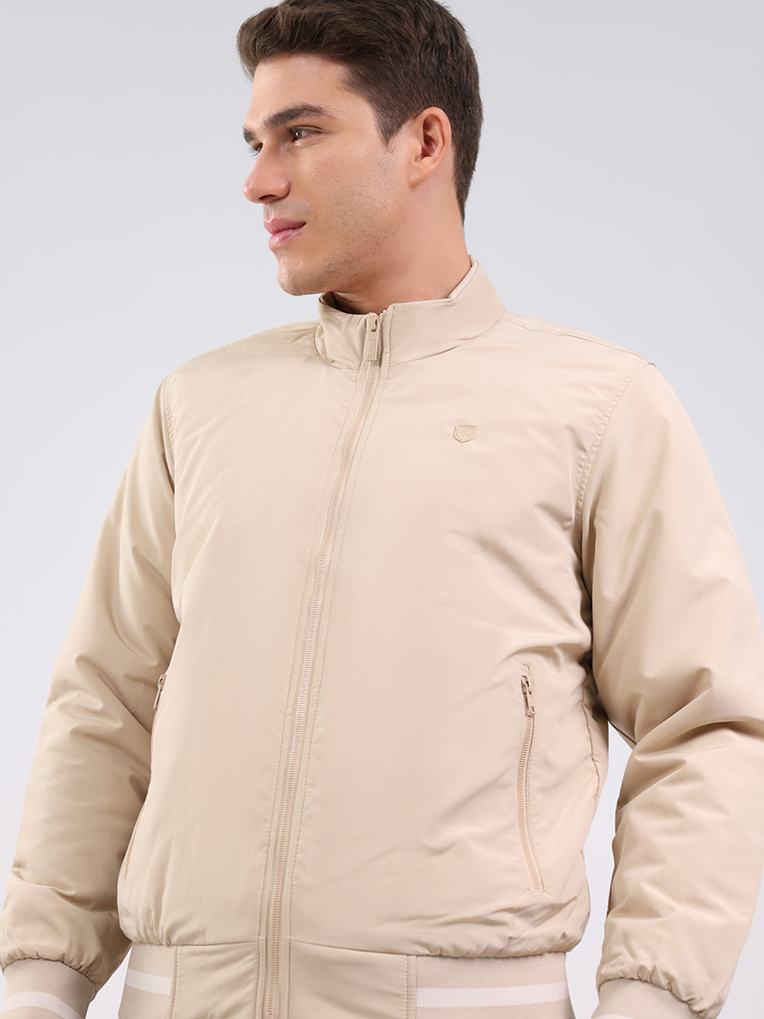 Men Beige Solid Mock Neck Full Sleeve Jacket
