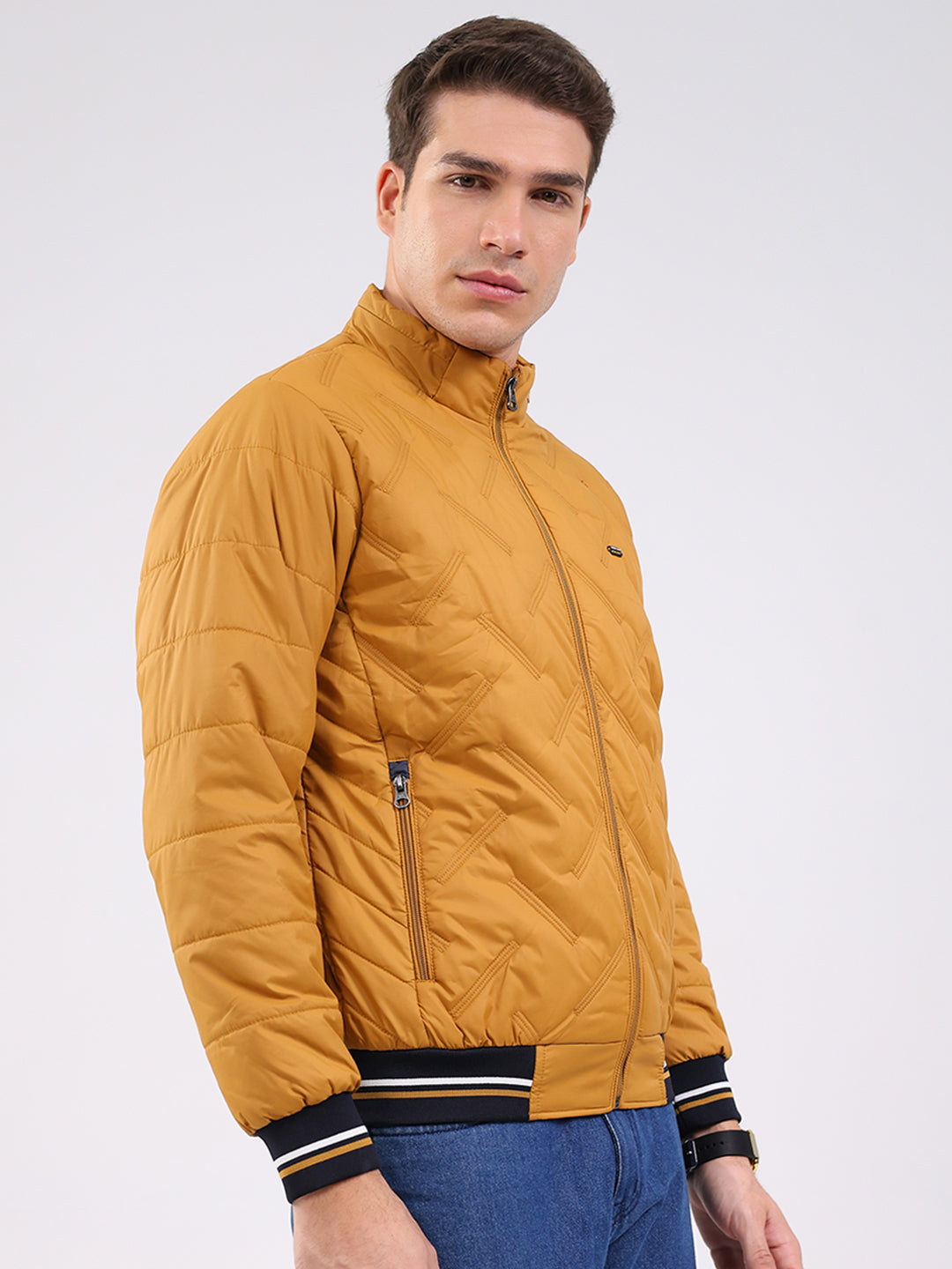 Men Mustard Solid Mock Neck Full Sleeve Jacket