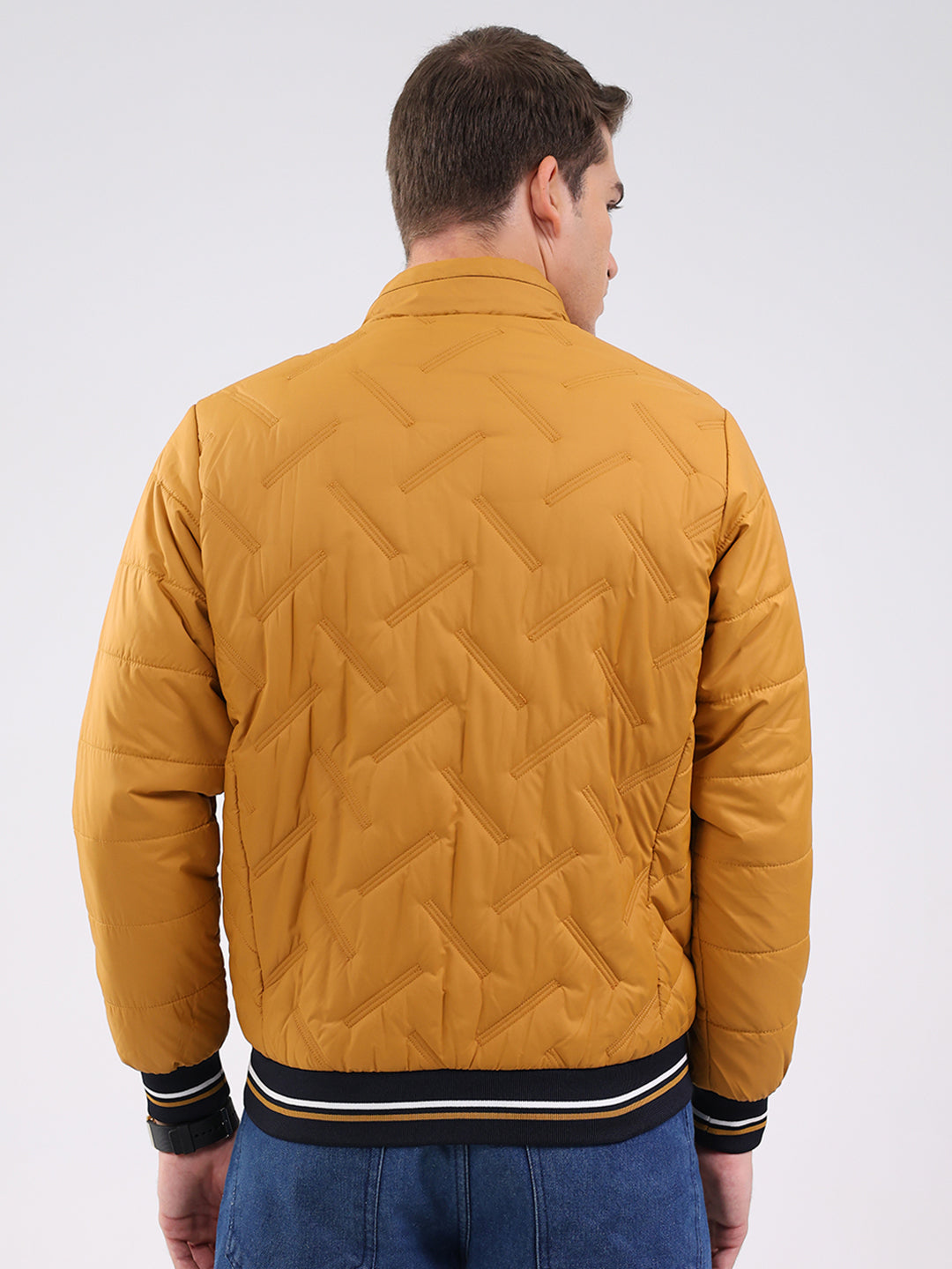 Men Mustard Solid Mock Neck Full Sleeve Jacket