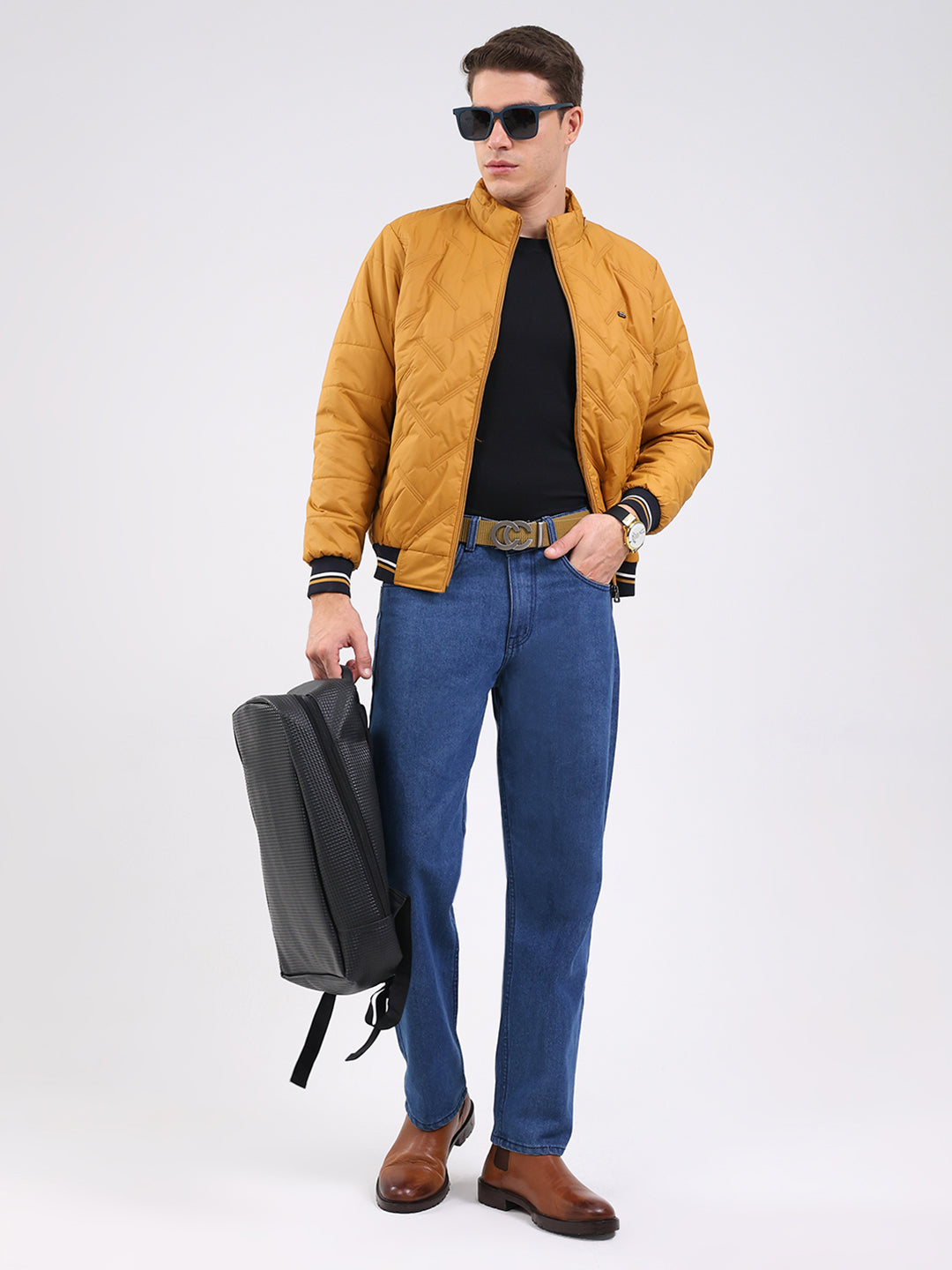 Men Mustard Solid Mock Neck Full Sleeve Jacket