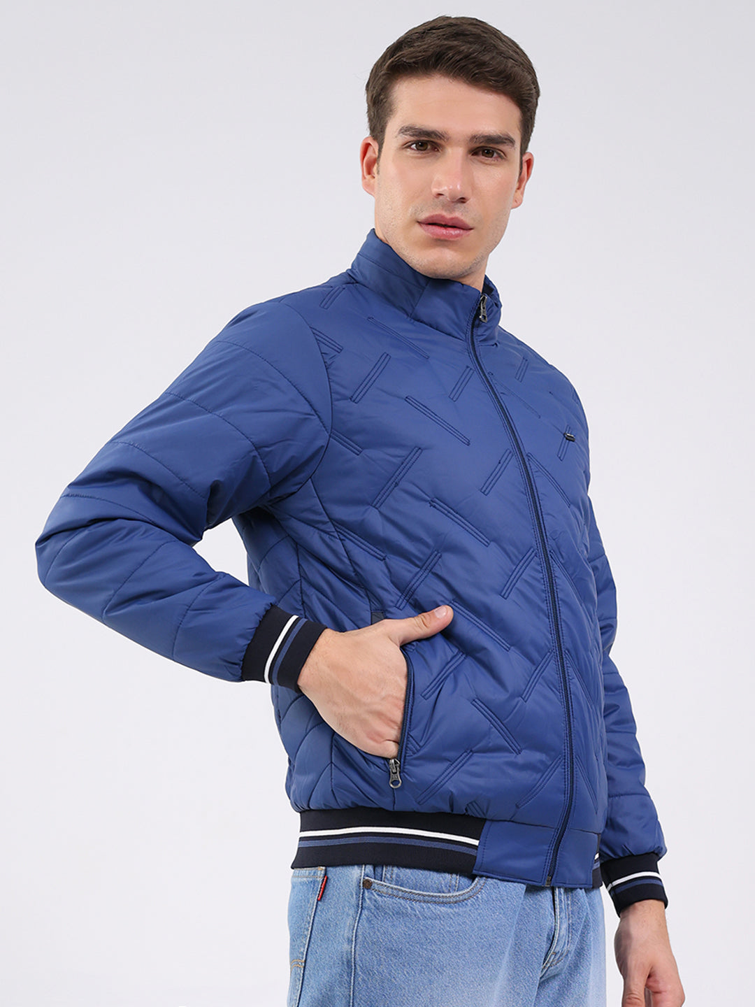 Men Blue Solid Mock Neck Full Sleeve Jacket